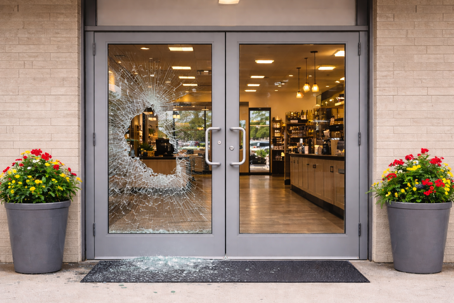Broken storefront glass opening before replacement planning in Central Indiana